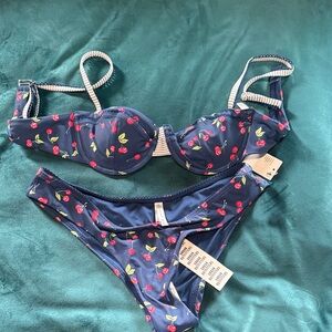 Urban Outfitters Navy Cherry Print Bikini Set Medium